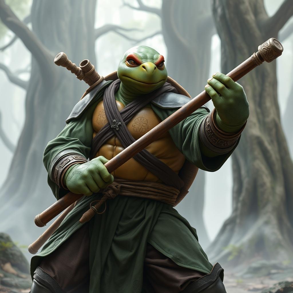 An adult turtle race character portrayed in an action-packed battle stance, ready for combat