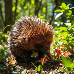 A beautiful, highly detailed portrait of an echidna in its natural habitat