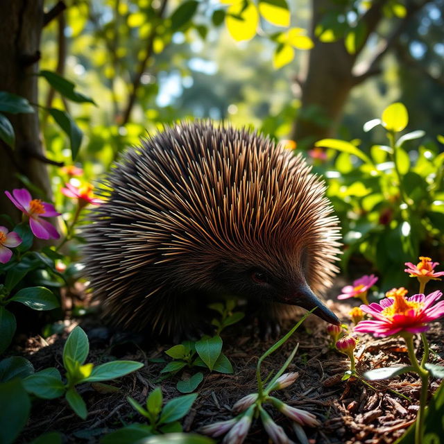 A beautiful, highly detailed portrait of an echidna in its natural habitat