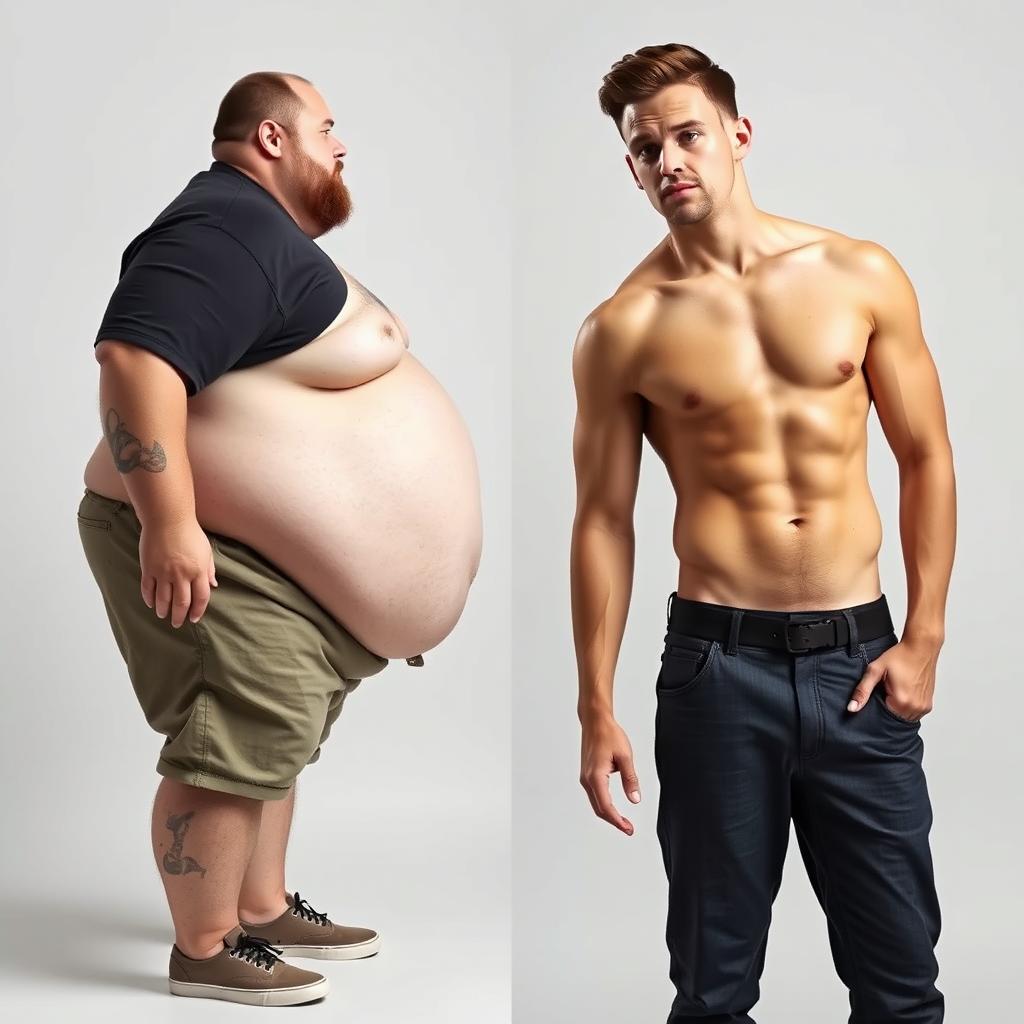 A unique and striking image of a man depicted as both overweight and slim simultaneously