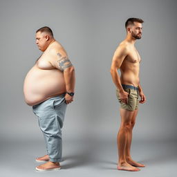 A unique and striking image of a man depicted as both overweight and slim simultaneously