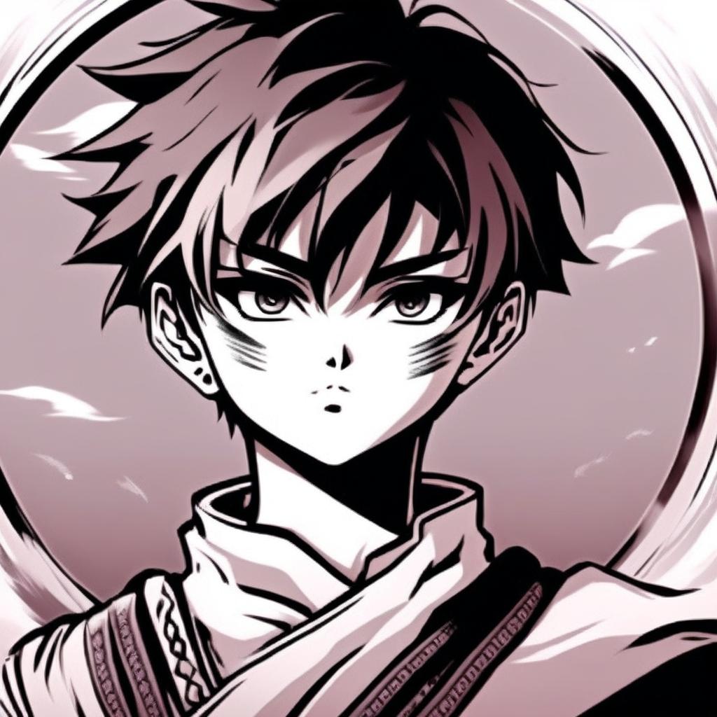 Monochrome anime profile picture of a determined warrior boy with intense eyes, dressed in traditional attire, set against a gradient background. Enclosed by a thick white paint stroke circle border.