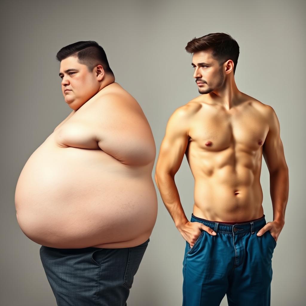 A unique and striking image of a man depicted as both overweight and slim simultaneously