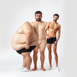 A unique and striking image of a man depicted as both overweight and slim simultaneously