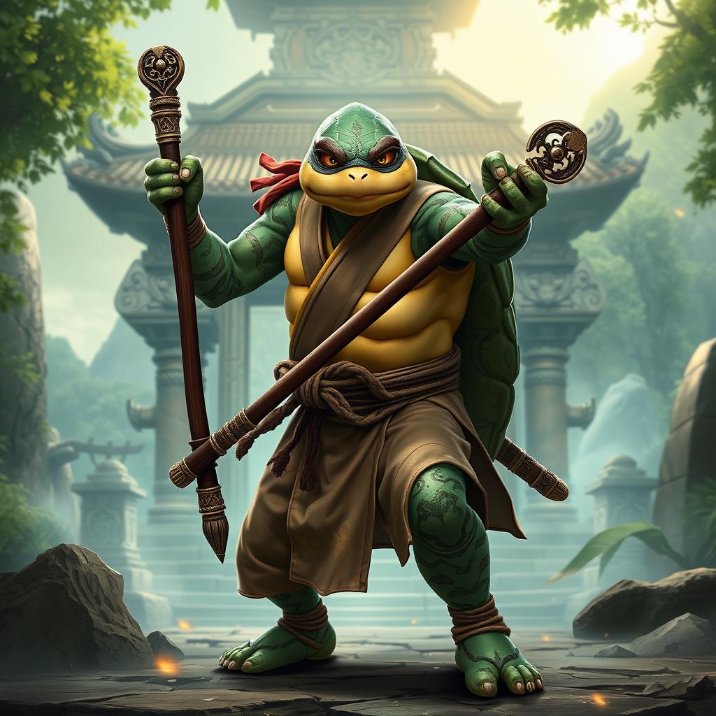 An adult turtle race character depicted in a fierce battle stance, showcasing his readiness for combat