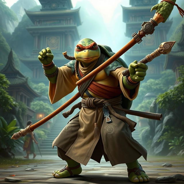 An adult turtle race character depicted in a fierce battle stance, showcasing his readiness for combat