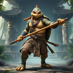 An adult turtle race character depicted in a fierce battle stance, showcasing his readiness for combat