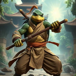 An adult turtle race character depicted in a fierce battle stance, showcasing his readiness for combat