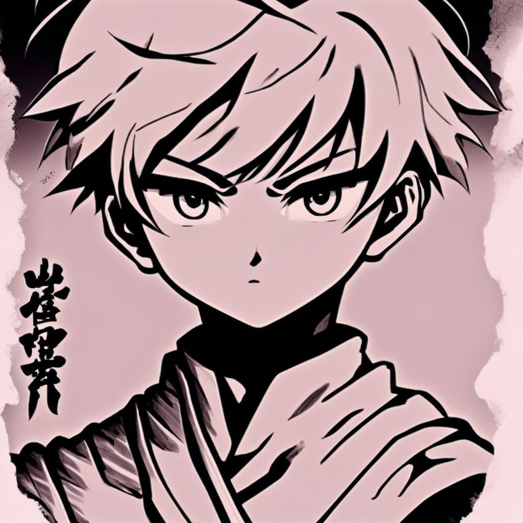 Monochrome anime profile picture of a determined warrior boy with intense eyes, dressed in traditional attire, set against a gradient background. Enclosed by a thick white paint stroke circle border.