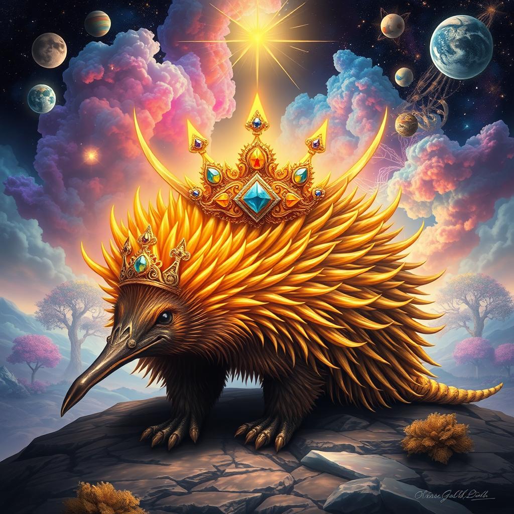 An artistic representation of an echidna god, depicted as a majestic creature with a divine aura