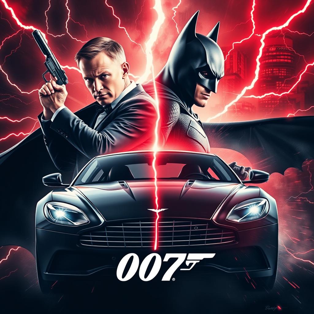 A thrilling movie poster depicting a crossover universe where James Bond collides with the Batman universe