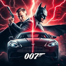 A thrilling movie poster depicting a crossover universe where James Bond collides with the Batman universe