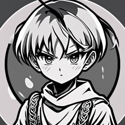 Monochrome anime profile picture of a determined warrior boy with intense eyes, dressed in traditional attire, set against a gradient background. Enclosed by a thick white paint stroke circle border.