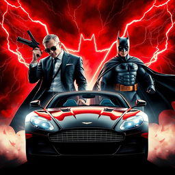 A thrilling movie poster depicting a crossover universe where James Bond collides with the Batman universe