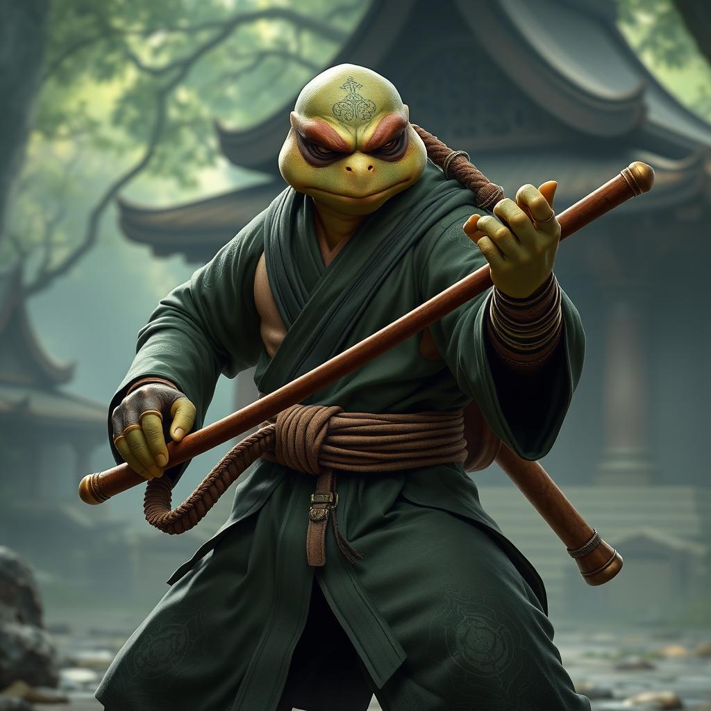 An adult turtle race character depicted in a strong faith battle stance, ready to engage in combat