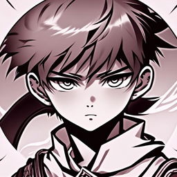 Monochrome anime profile picture of a determined warrior boy with intense eyes, dressed in traditional attire, set against a gradient background. Enclosed by a thick white paint stroke circle border.