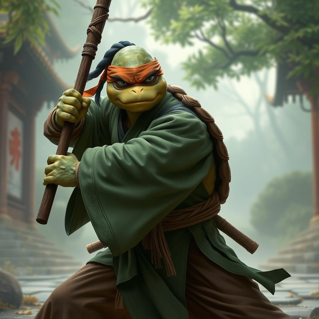 An adult turtle race character depicted in a strong faith battle stance, ready to engage in combat