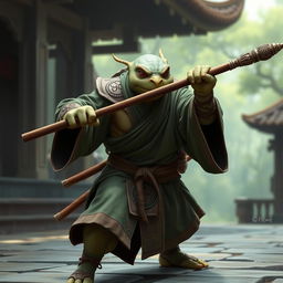 An adult turtle race character depicted in a strong faith battle stance, ready to engage in combat