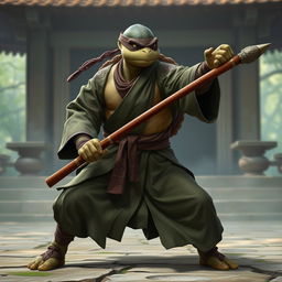 An adult turtle race character depicted in a strong faith battle stance, ready to engage in combat