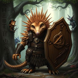 An imaginative depiction of an echidna Dungeons & Dragons character, styled as a fantasy warrior