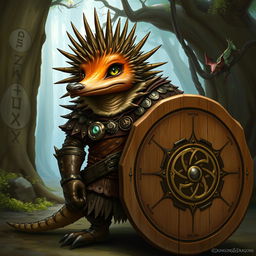 An imaginative depiction of an echidna Dungeons & Dragons character, styled as a fantasy warrior