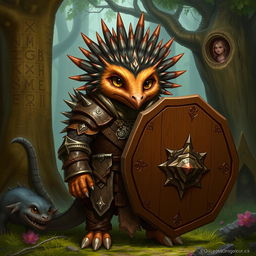 An imaginative depiction of an echidna Dungeons & Dragons character, styled as a fantasy warrior