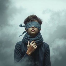 A person with their eyes blindfolded by a scarf, symbolizing a lack of spiritual vision