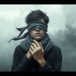 A person with their eyes blindfolded by a scarf, symbolizing a lack of spiritual vision