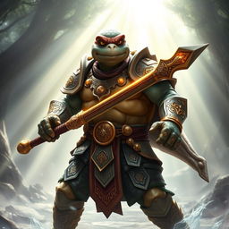 An adult tortle race character depicted in an empowering holy battle stance, radiating a sense of divine energy