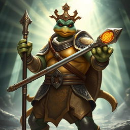 An adult tortle race character depicted in an empowering holy battle stance, radiating a sense of divine energy