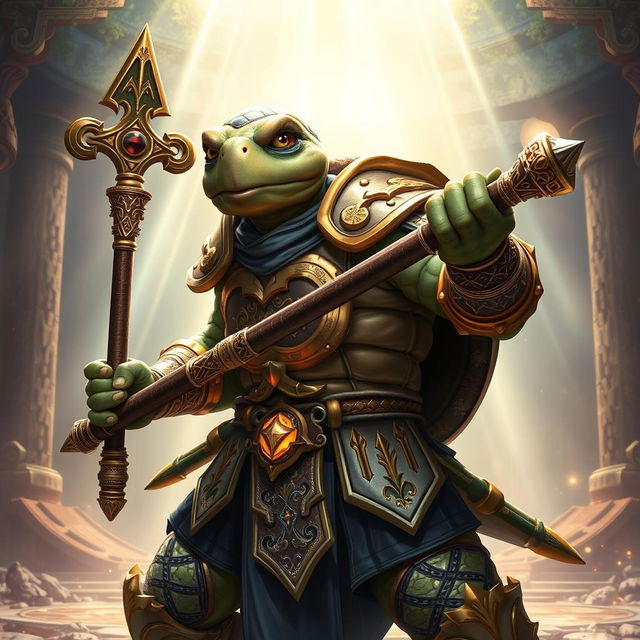 An adult tortle race character depicted in an empowering holy battle stance, radiating a sense of divine energy