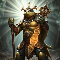 An adult tortle race character depicted in an empowering holy battle stance, radiating a sense of divine energy