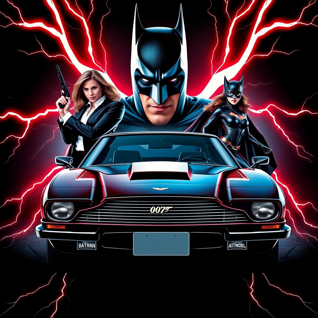 A dynamic movie poster for a crossover feature between James Bond and Batman, highlighting the Aston Martin DB5 and the 1989 Batmobile