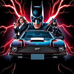 A dynamic movie poster for a crossover feature between James Bond and Batman, highlighting the Aston Martin DB5 and the 1989 Batmobile