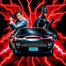 A dynamic movie poster for a crossover feature between James Bond and Batman, highlighting the Aston Martin DB5 and the 1989 Batmobile