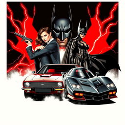 A dynamic movie poster for a crossover feature between James Bond and Batman, highlighting the Aston Martin DB5 and the 1989 Batmobile