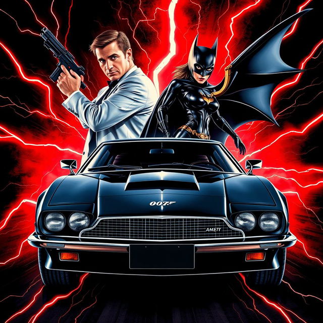 A dynamic movie poster for a crossover feature between James Bond and Batman, highlighting the Aston Martin DB5 and the 1989 Batmobile