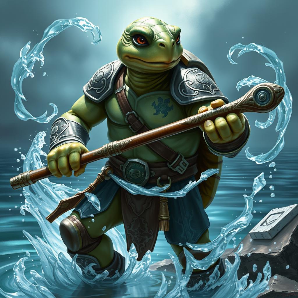 An adult tortle race character depicted in a serious battle stance, harnessing the power of water magic