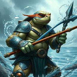 An adult tortle race character depicted in a serious battle stance, harnessing the power of water magic