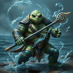 An adult tortle race character depicted in a serious battle stance, harnessing the power of water magic