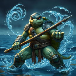 An adult tortle race character depicted in a serious battle stance, harnessing the power of water magic