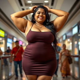 a full figure photo of a chubby and curvy South Indian lady in a very short and tight dress at a public mall