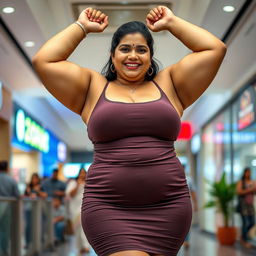 a full figure photo of a chubby and curvy South Indian lady in a very short and tight dress at a public mall