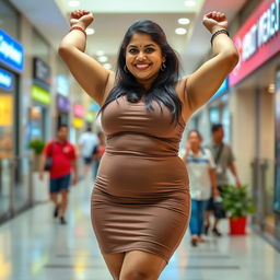 a full figure photo of a chubby and curvy South Indian lady in a very short and tight dress at a public mall