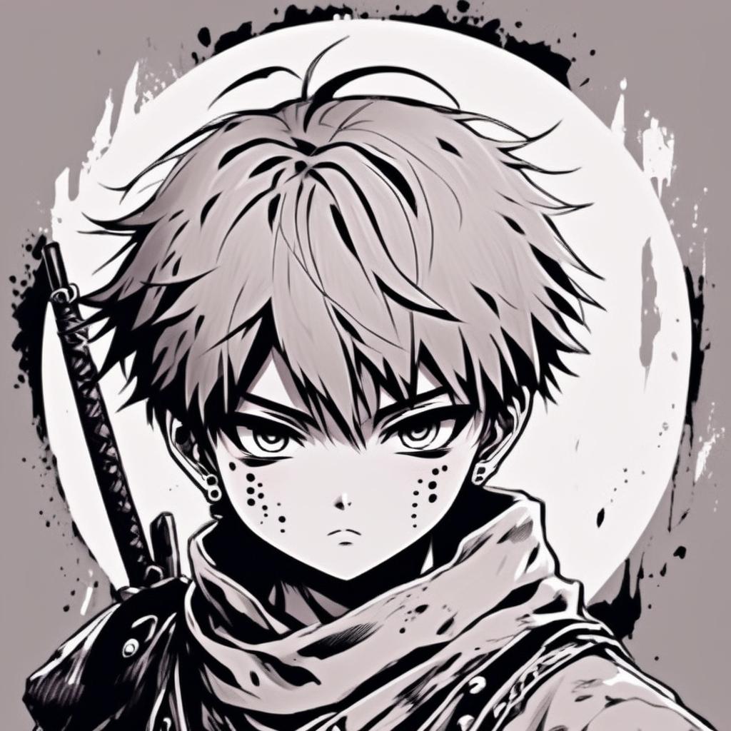 Highly detailed, intense monochrome anime profile picture of a battle-hardened warrior boy with piercing eyes, dressed in worn-out traditional attire, set against a gritty background. Enclosed by a thick, rough white paint stroke circle border.