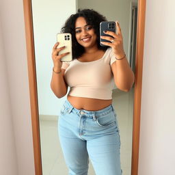 a full figure photo of an Indian chubby curvy lady taking a selfie in front of a full-sized mirror