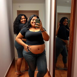 a full figure photo of an Indian chubby curvy lady taking a selfie in front of a full-sized mirror