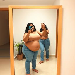 a full figure photo of an Indian chubby curvy lady taking a selfie in front of a full-sized mirror