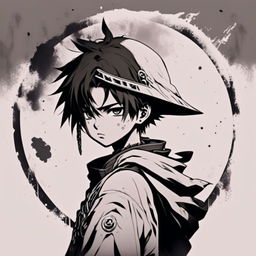 Highly detailed, intense monochrome anime profile picture of a battle-hardened warrior boy with piercing eyes, dressed in worn-out traditional attire, set against a gritty background. Enclosed by a thick, rough white paint stroke circle border.