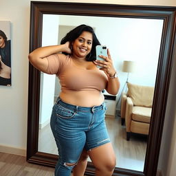 a full figure photo of an Indian chubby curvy lady taking a selfie in front of a full-sized mirror